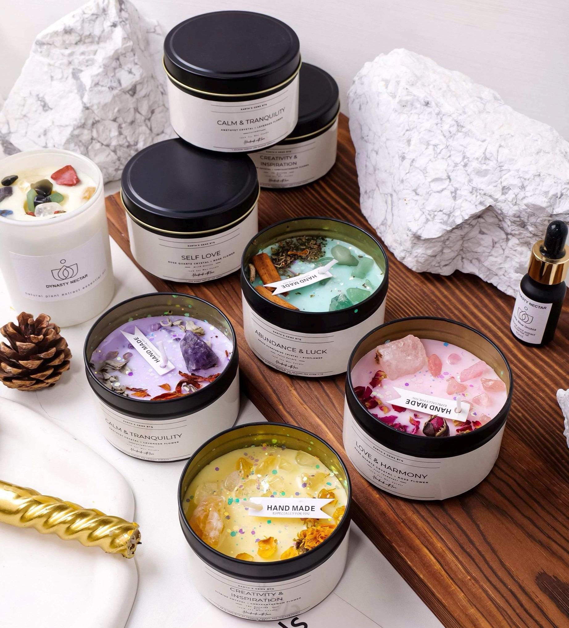 Crystal Scented Candle: Handmade Autumn Decor, Real Crystals