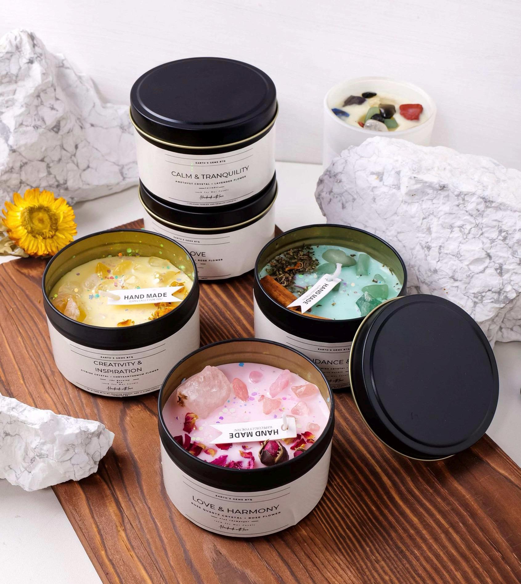 Crystal Scented Candle: Handmade Autumn Decor, Real Crystals