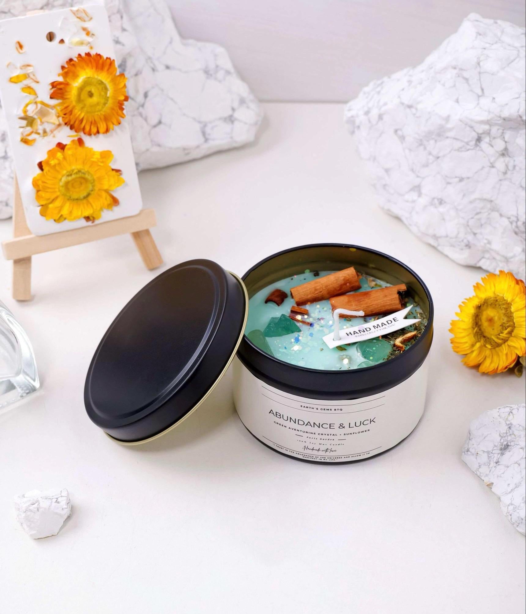 Crystal Scented Candle: Handmade Autumn Decor, Real Crystals